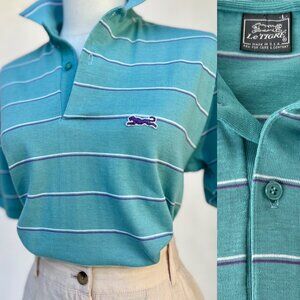 Vintage 80s Le Tigre Women's Teal Purple Preppy Stripe Classic Polo Shirt Size L